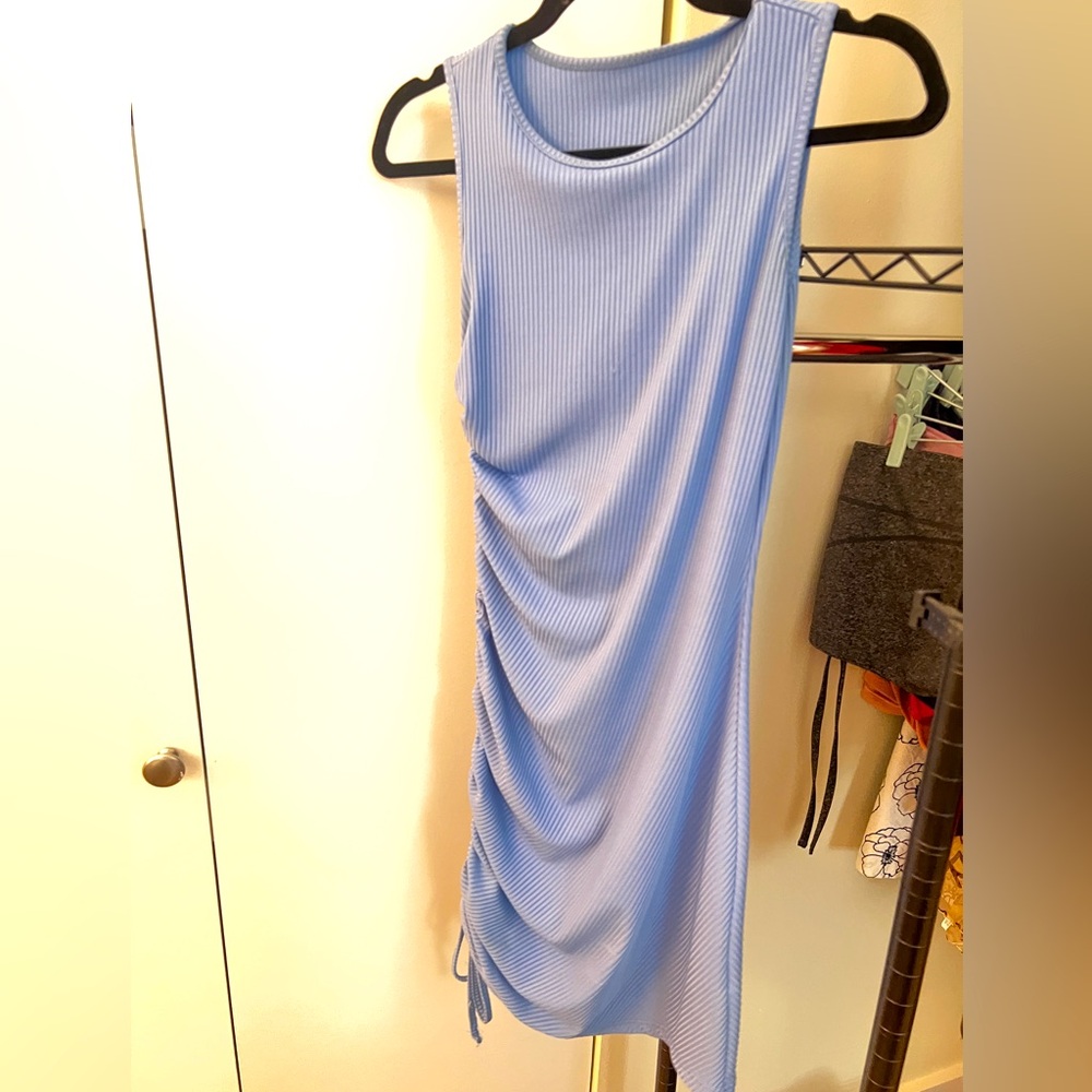 Light blue Ribbed Ruched Drawstring Bodycon Dress